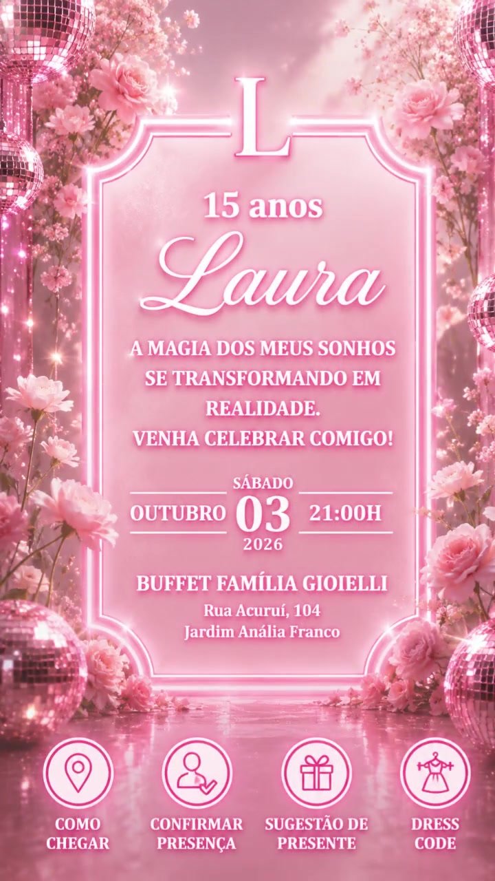 Convite de 15 anos da Laura - 03 de Outubro de 2026, Buffet Família Gioielli